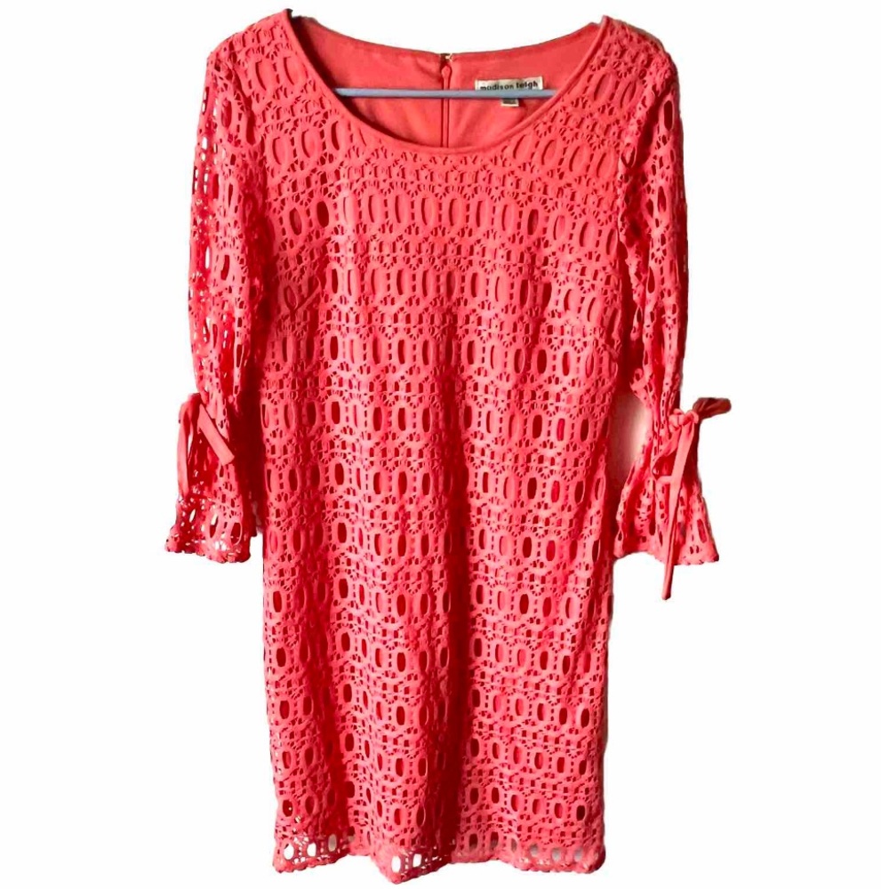 Madison Leigh Size 8 Dress Salmon Coral Lace Cut-Out Layered Tie Sleeves